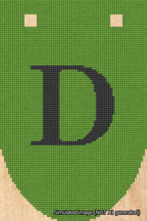 A simulated image of the stitched needlepoint design: Banner 18m Rounded D Black on Light Green. Not A.I. generated.