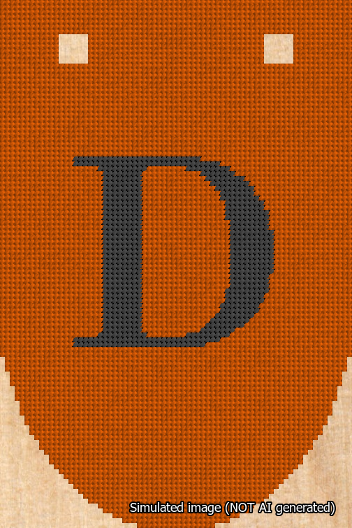 A simulated image of the stitched needlepoint design: Banner 18m Rounded D Black on Orange. Not A.I. generated.