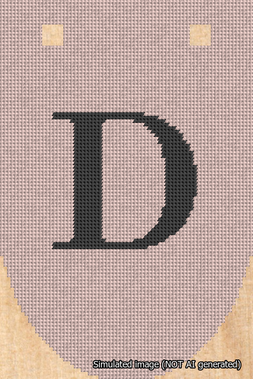 A simulated image of the stitched needlepoint design: Banner 18m Rounded D Black on Pink. Not A.I. generated.