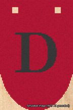 A simulated image of the stitched needlepoint design: Banner 18m Rounded D Black on Red. Not A.I. generated.