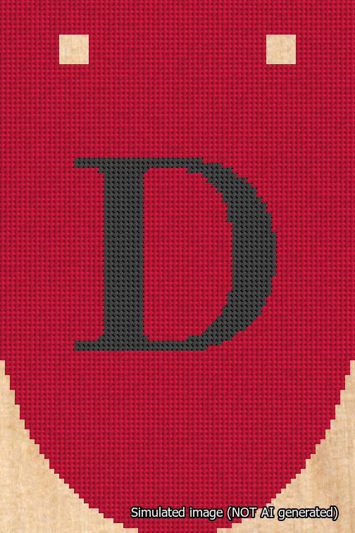 A simulated image of the stitched needlepoint design: Banner 18m Rounded D Black on Red. Not A.I. generated.