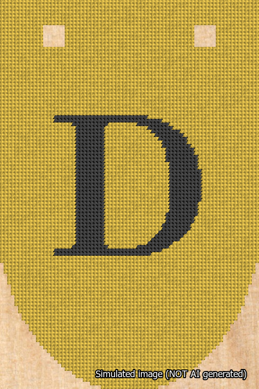 A simulated image of the stitched needlepoint design: Banner 18m Rounded D Black on Yellow. Not A.I. generated.