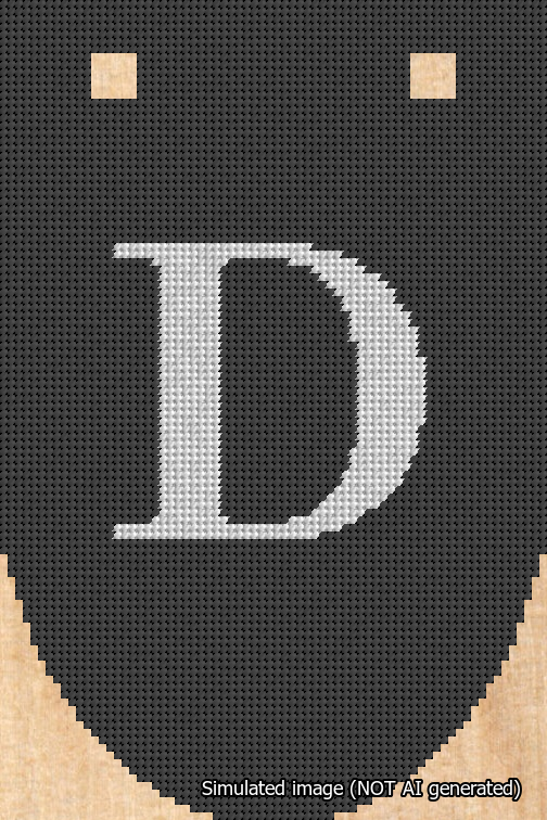 A simulated image of the stitched needlepoint design: Banner 18m Rounded D White on Black. Not A.I. generated.