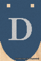 A simulated image of the stitched needlepoint design: Banner 18m Rounded D White on Blue. Not A.I. generated.