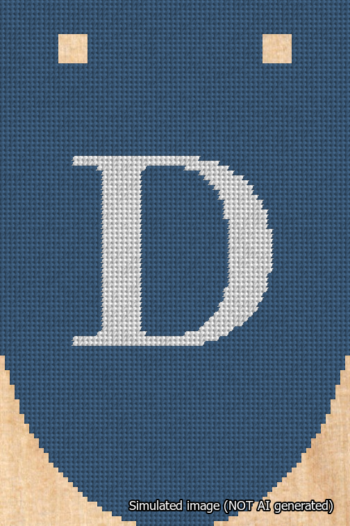 A simulated image of the stitched needlepoint design: Banner 18m Rounded D White on Blue. Not A.I. generated.