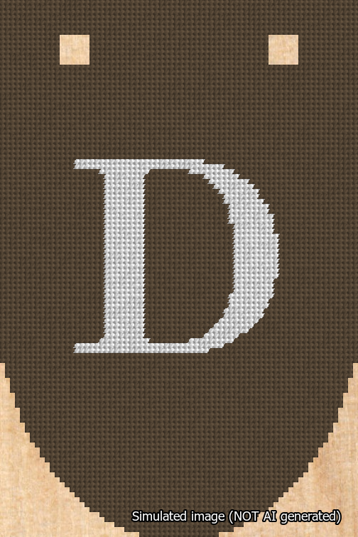 A simulated image of the stitched needlepoint design: Banner 18m Rounded D White on Brown. Not A.I. generated.