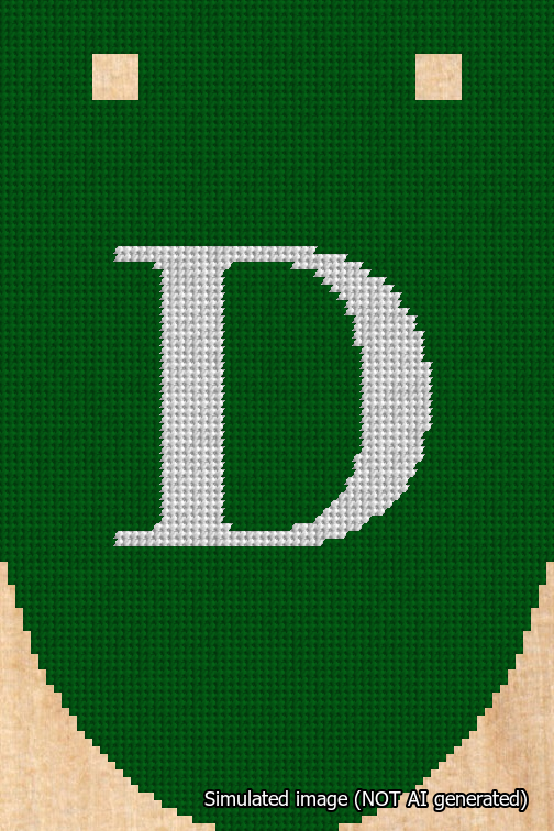A simulated image of the stitched needlepoint design: Banner 18m Rounded D White on Green. Not A.I. generated.