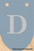 A simulated image of the stitched needlepoint design: Banner 18m Rounded D White on Light Blue. Not A.I. generated.