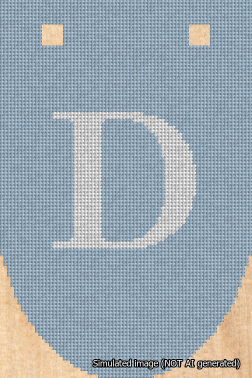 A simulated image of the stitched needlepoint design: Banner 18m Rounded D White on Light Blue. Not A.I. generated.