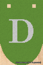 A simulated image of the stitched needlepoint design: Banner 18m Rounded D White on Light Green. Not A.I. generated.