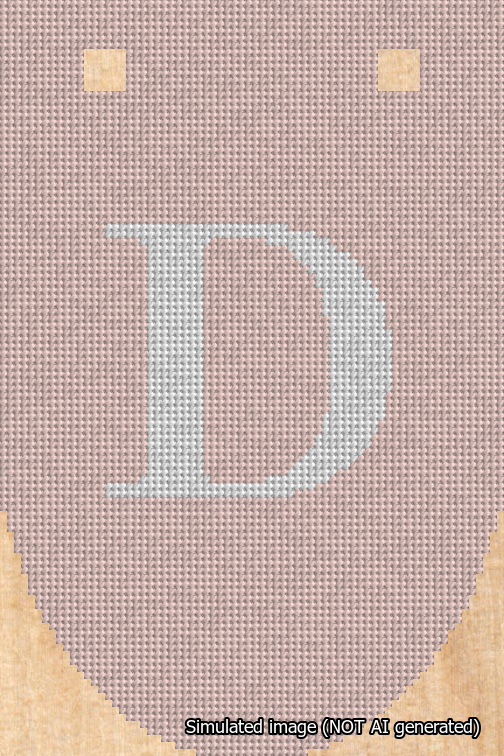 A simulated image of the stitched needlepoint design: Banner 18m Rounded D White on Pink. Not A.I. generated.