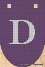 A simulated image of the stitched needlepoint design: Banner 18m Rounded D White on Purple. Not A.I. generated.