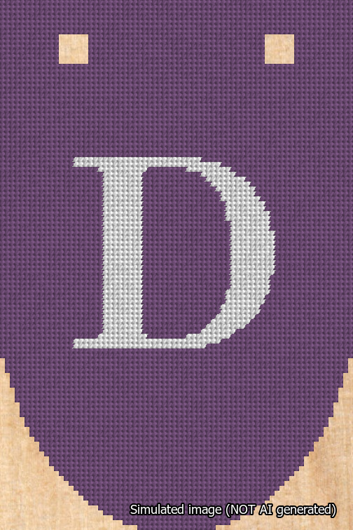 A simulated image of the stitched needlepoint design: Banner 18m Rounded D White on Purple. Not A.I. generated.