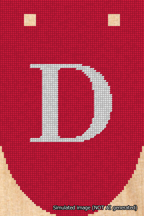 A simulated image of the stitched needlepoint design: Banner 18m Rounded D White on Red. Not A.I. generated.