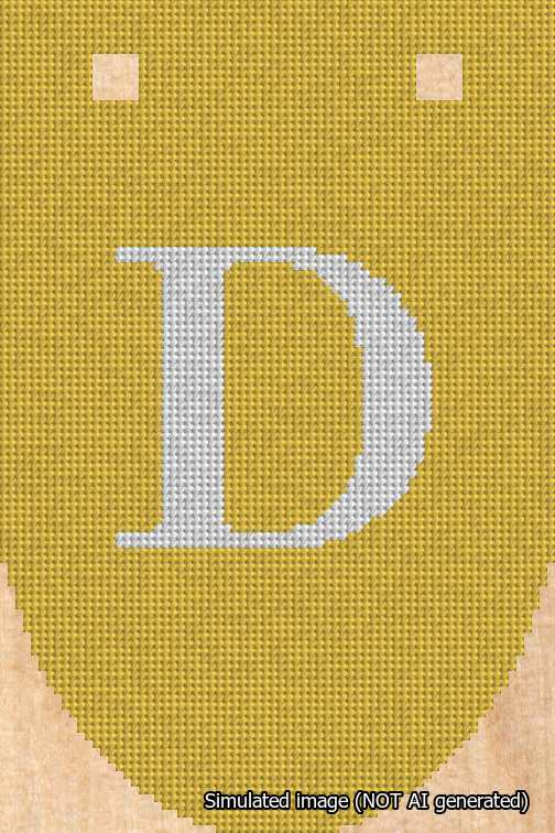 A simulated image of the stitched needlepoint design: Banner 18m Rounded D White on Yellow. Not A.I. generated.