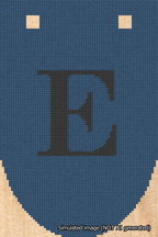 A simulated image of the stitched needlepoint design: Banner 18m Rounded E Black on Blue. Not A.I. generated.
