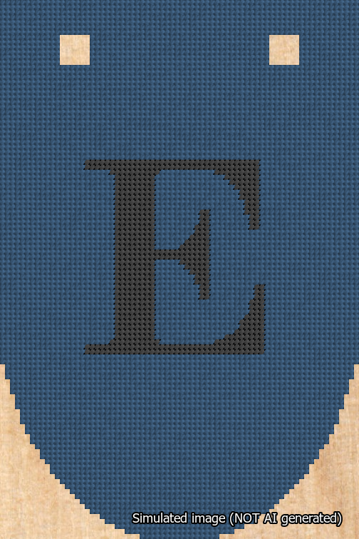 A simulated image of the stitched needlepoint design: Banner 18m Rounded E Black on Blue. Not A.I. generated.