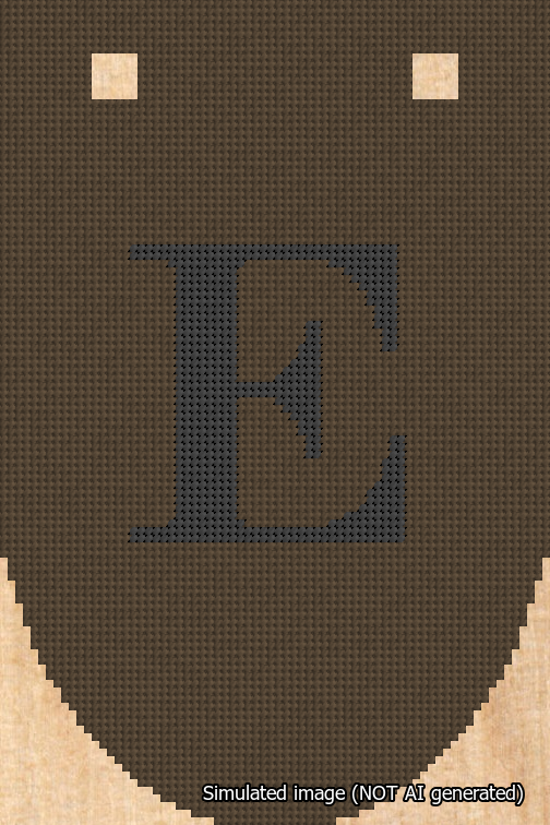 A simulated image of the stitched needlepoint design: Banner 18m Rounded E Black on Brown. Not A.I. generated.