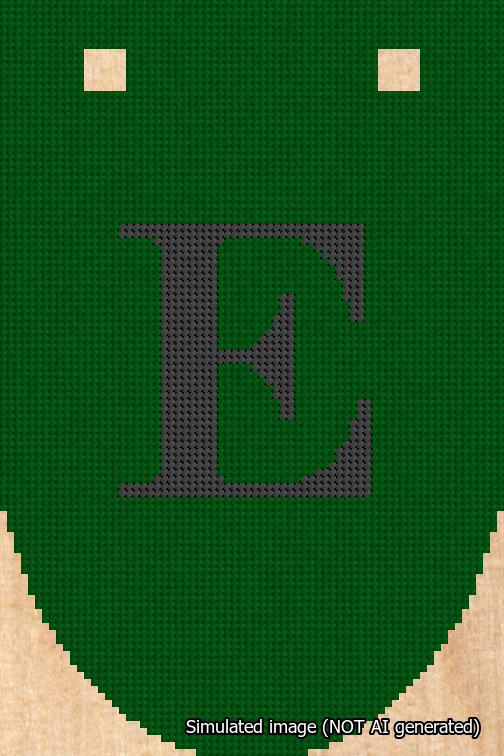A simulated image of the stitched needlepoint design: Banner 18m Rounded E Black on Green. Not A.I. generated.