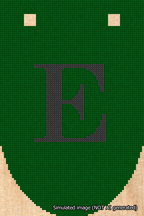 A simulated image of the stitched needlepoint design: Banner 18m Rounded E Black on Green. Not A.I. generated.