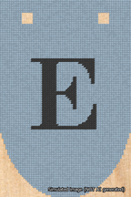 A simulated image of the stitched needlepoint design: Banner 18m Rounded E Black on Light Blue. Not A.I. generated.