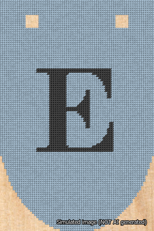 A simulated image of the stitched needlepoint design: Banner 18m Rounded E Black on Light Blue. Not A.I. generated.