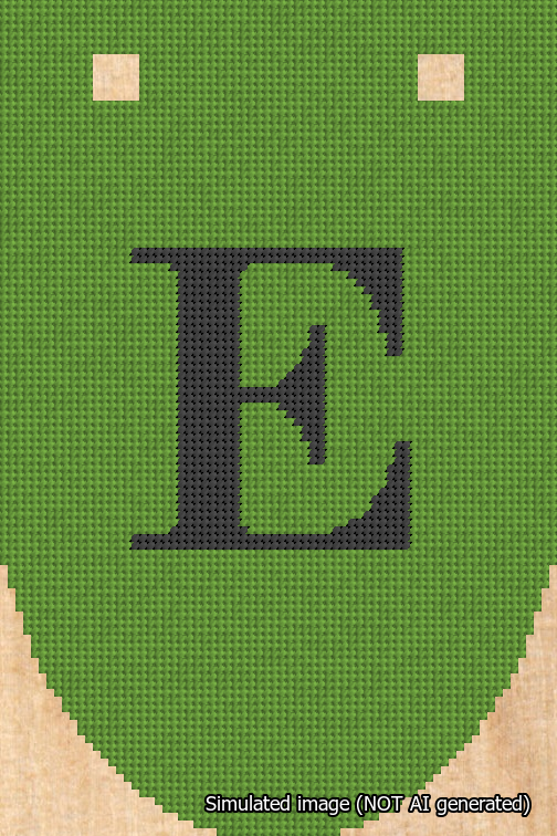 A simulated image of the stitched needlepoint design: Banner 18m Rounded E Black on Light Green. Not A.I. generated.