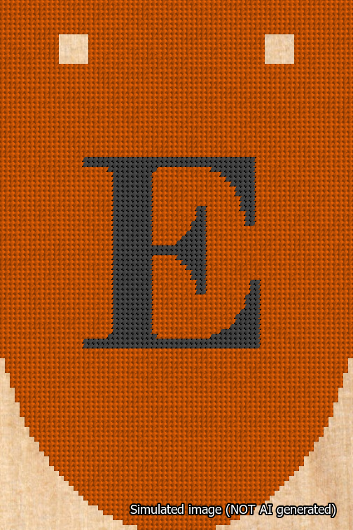 A simulated image of the stitched needlepoint design: Banner 18m Rounded E Black on Orange. Not A.I. generated.