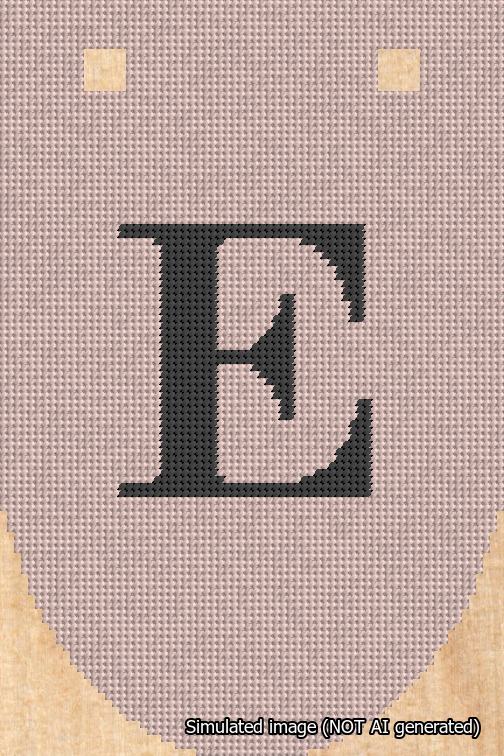 A simulated image of the stitched needlepoint design: Banner 18m Rounded E Black on Pink. Not A.I. generated.