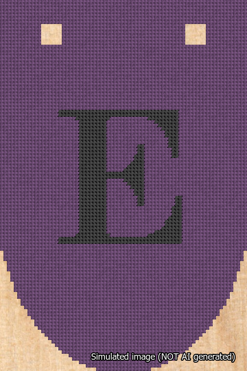 A simulated image of the stitched needlepoint design: Banner 18m Rounded E Black on Purple. Not A.I. generated.