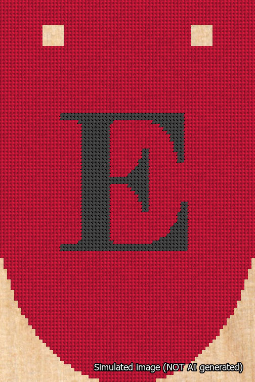 A simulated image of the stitched needlepoint design: Banner 18m Rounded E Black on Red. Not A.I. generated.