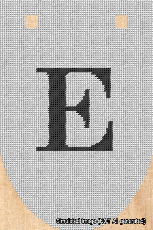 A simulated image of the stitched needlepoint design: Banner 18m Rounded E Black on White. Not A.I. generated.