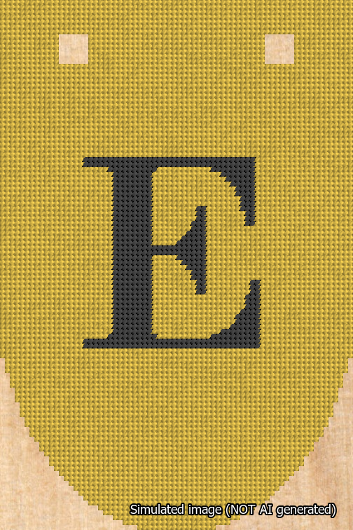 A simulated image of the stitched needlepoint design: Banner 18m Rounded E Black on Yellow. Not A.I. generated.