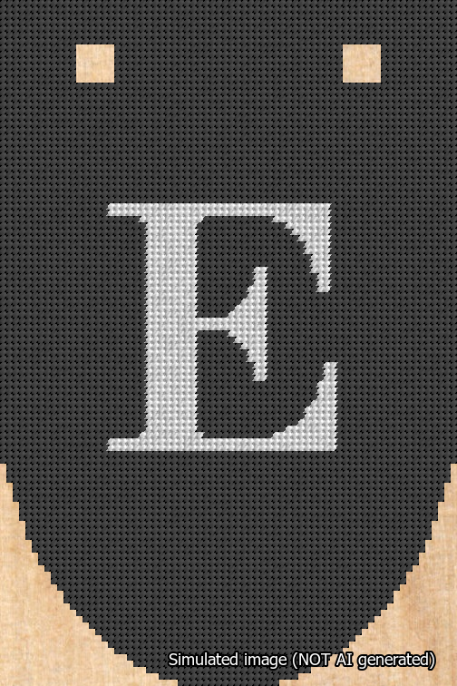 A simulated image of the stitched needlepoint design: Banner 18m Rounded E White on Black. Not A.I. generated.