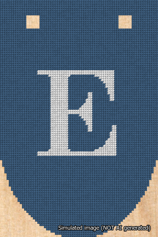 A simulated image of the stitched needlepoint design: Banner 18m Rounded E White on Blue. Not A.I. generated.