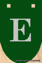 A simulated image of the stitched needlepoint design: Banner 18m Rounded E White on Green. Not A.I. generated.