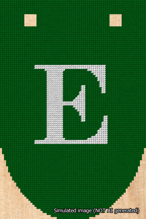 A simulated image of the stitched needlepoint design: Banner 18m Rounded E White on Green. Not A.I. generated.