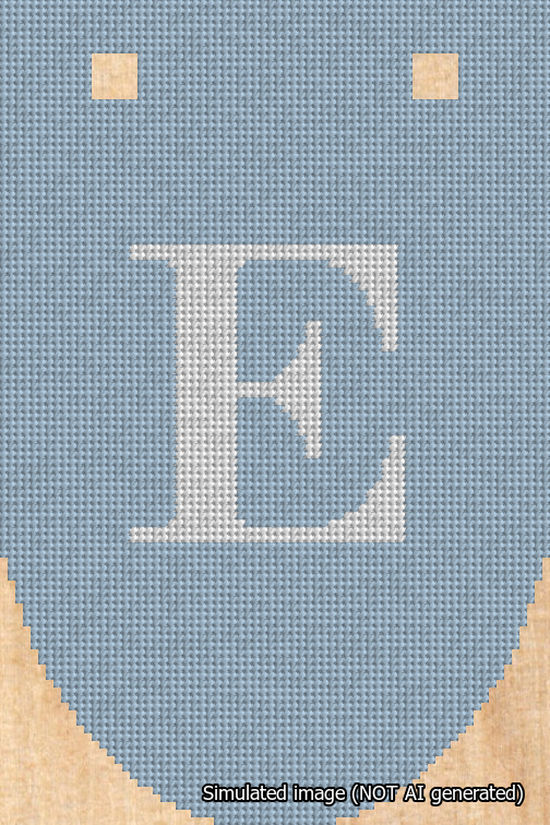 A simulated image of the stitched needlepoint design: Banner 18m Rounded E White on Light Blue. Not A.I. generated.