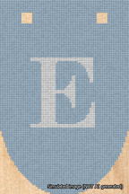 A simulated image of the stitched needlepoint design: Banner 18m Rounded E White on Light Blue. Not A.I. generated.