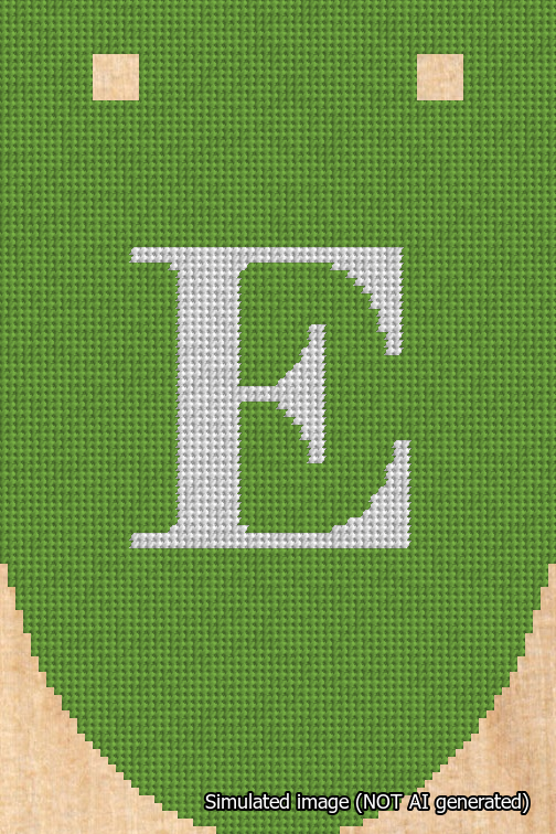 A simulated image of the stitched needlepoint design: Banner 18m Rounded E White on Light Green. Not A.I. generated.