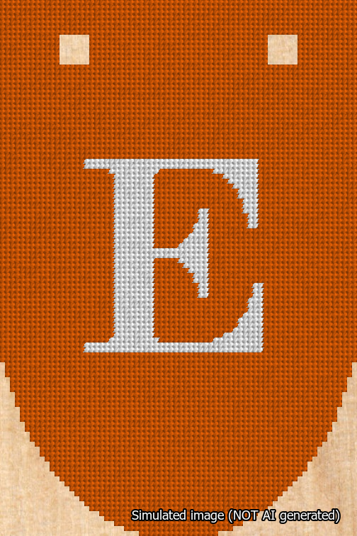A simulated image of the stitched needlepoint design: Banner 18m Rounded E White on Orange. Not A.I. generated.