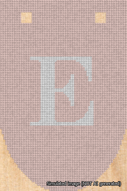 A simulated image of the stitched needlepoint design: Banner 18m Rounded E White on Pink. Not A.I. generated.