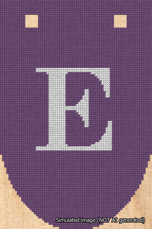 A simulated image of the stitched needlepoint design: Banner 18m Rounded E White on Purple. Not A.I. generated.