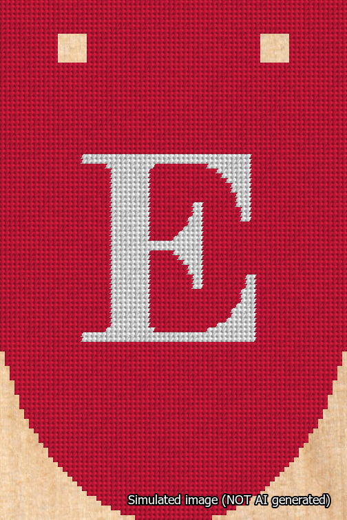 A simulated image of the stitched needlepoint design: Banner 18m Rounded E White on Red. Not A.I. generated.