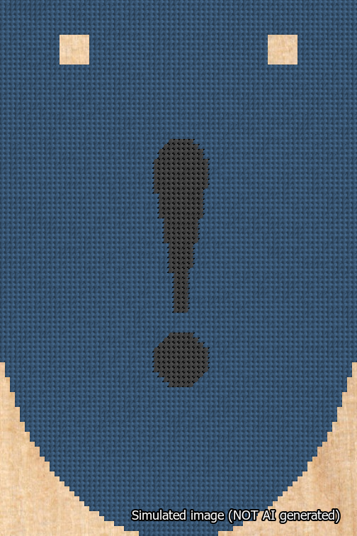 A simulated image of the stitched needlepoint design: Banner 18m Rounded Exclamation Black on Blue. Not A.I. generated.