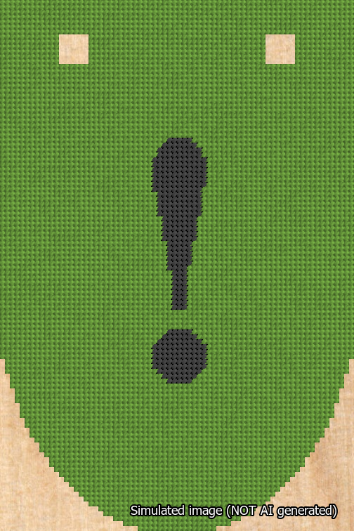 A simulated image of the stitched needlepoint design: Banner 18m Rounded Exclamation Black on Light Green. Not A.I. generated.