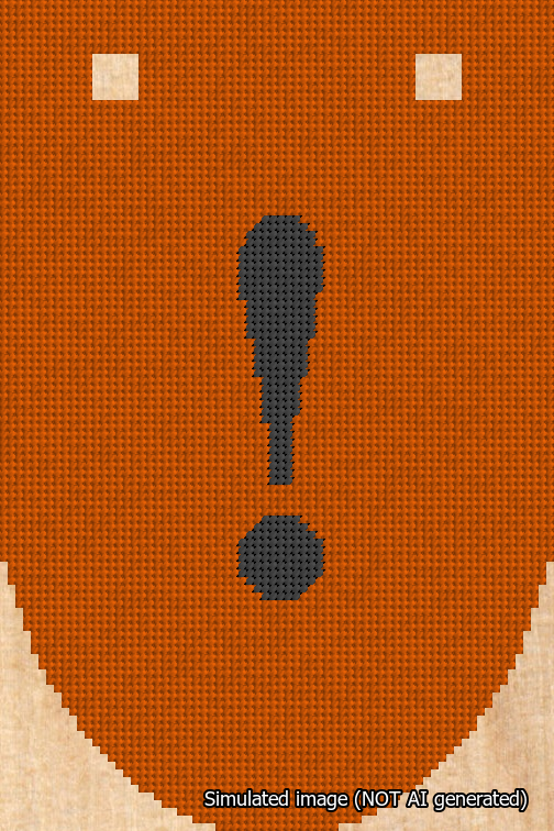 A simulated image of the stitched needlepoint design: Banner 18m Rounded Exclamation Black on Orange. Not A.I. generated.