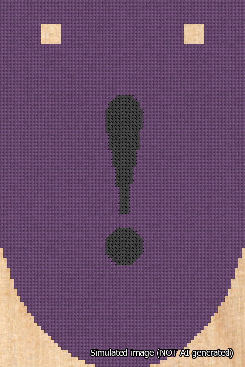A simulated image of the stitched needlepoint design: Banner 18m Rounded Exclamation Black on Purple. Not A.I. generated.