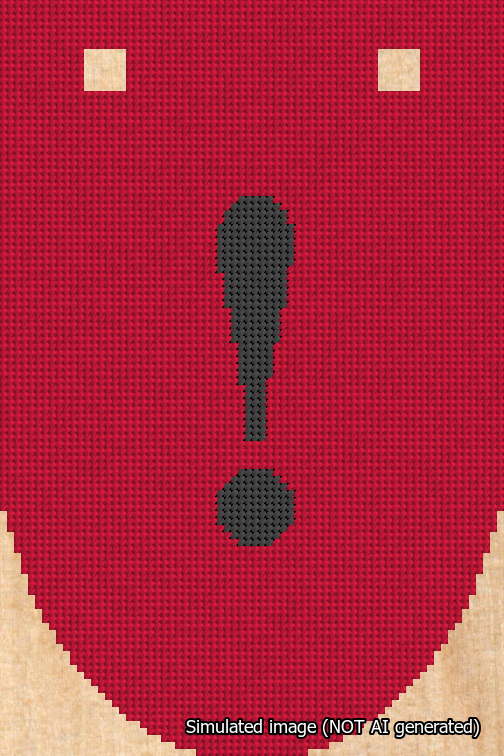 A simulated image of the stitched needlepoint design: Banner 18m Rounded Exclamation Black on Red. Not A.I. generated.