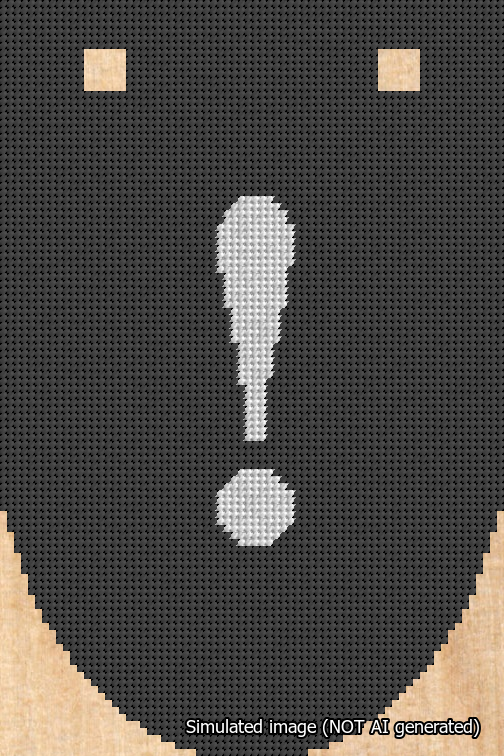 A simulated image of the stitched needlepoint design: Banner 18m Rounded Exclamation White on Black. Not A.I. generated.